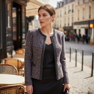 VTG Brandon Thomas Women's 8 Multicolor Tweed Open Front Jacket Black Chain Trim